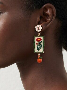 ✨ Hand-Painted Whimsical Floral & Fruit Statement Dangle Earrings